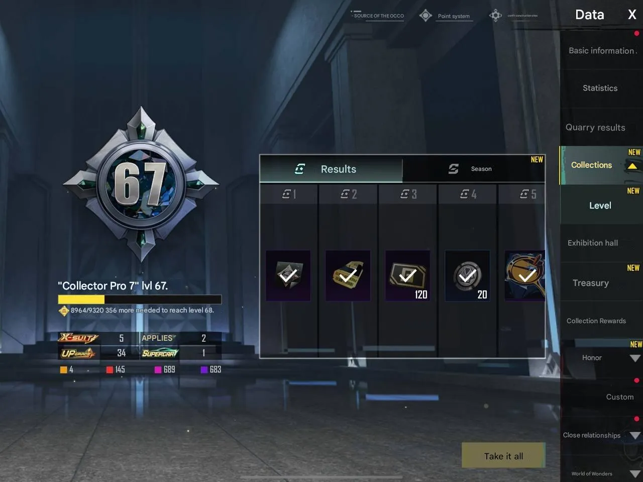 PGM263 67 Collection, Pharaoh X-Suit Lv.4, Avalanche Lv.3, 3 Full M416 Evo, Full Exterior, 100+ Mythics, Cars (G)